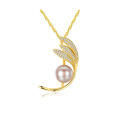 Charm CZ Feather Shape Sterling Silver Pretty Freshwater Pearl Pendant Necklaces